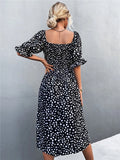 Sweet Square Collar Puff Sleeves Leopard Print Fit and Flare Holiday