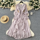 High-End Elegant Dress Women Fashion Heavy Industry Embroidery Stender V Collar Waist Temperament Court Style Long