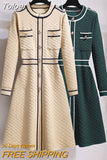 Women A-Line Sweater Dress French Knit Vintage Patchwork Dress Winter Luxury Designer Buttons Knitted