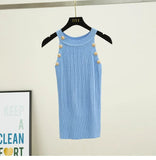 Women Soild Button Hollow Out Thin Knitted Tank Tops Female Girls Double Breasted Knit Sleeveless Sweater