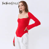 Black Slim Sweater For Women Square Collar Long Sleeve Side Split Knitted Pullover Female 2022 New