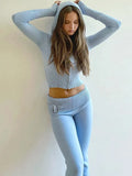 Knit Zipper Hodded Top And Pants Set-Outfit
