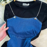 Two Dresses Women's Korean Version Of The Fashion Round Neck Short Sleeves To Receive Waist Thin Denim Dress