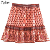 Hippie Floral Printed Mini Skirts Vintage Elastic Tassel Faldas Summer 2023 Beach Boho Casual Clothes Short Women
