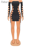 and Elegant Woman Lace Up Hollow Mini Dress Sexy Birthday Clubwear Outfits Female Off The Shoulder Long Sleeve Party