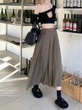 Korean Vintage Pleated Skirt Long Women Autumn Low Rise Preppy Style Casual A-Line Midi Skirt for Girls 90s