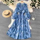 Autumn Women Blue/Red/Black Printed Party Dress Bohemian Puff Long Sleeve High Waist Ruffle Collar Midi Robe Female Vestidos