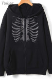 Clothes Rhinestone Skeleton Pattern Zip Up Drawstring Thermal Hoodie Streetwear Diamond Harajuku Jacket Tops Autumn