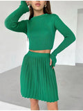 Suit With Skirt Women Solid 2022 Spring Mini Pleated Skirt And Long Sleeve Slim Crop Pullover Lady 2 Pieces Sets