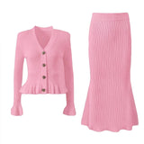 V-Neck Loaf Side Long Sleeve Open Shirt Bag Hip Fishtail Long Dress Elastic Knitted Two-Piece Suit