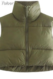 Solid Stand Collar Cropped Waistcoat Puff Vest Women Casual Sleeveless Zipper Jackets Autumn Winter Warm