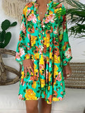 Bohemian Women Dresses Summer Long Sleeve Button Loose Mini Dress Big Swing Boho Dress Printed