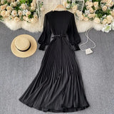 Vintage Women Pleated Long Dress Female Elegant Lantern Long Sleeve High Waist Red/Purple Draped Maxi Vestidos Spring Autumn