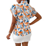 Chiffon Stand Collar Printed Short Sleeve