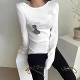 Grunge Ribbed T-shirt Korean Fashion Chic Print Long Sleeve Tee Shirt Kpop Fairycore Knitted Tshirt Harajuku