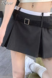 Preppy Pleated Mini Skirt for Women Korean Style Summer Patchwork High Waist Casual Belt A-line Skirt Shorts