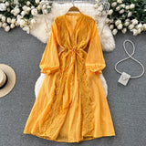 Lace Embroidary Women Dress 2022 Summer Fashion Elegant Long Sleeves Hollow Out French Style Ladies A Line