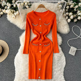 Pocket Fashion Women Sweater Dress V Neck Chain Long Sleeve Bodycon Dress Female Elastic Solid Warm Knitted