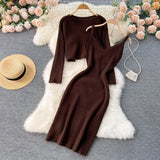 Women Korean Knitted Set Casual Loose Short Pullovers+Sleeveless V Neck Sexy Slim Strap Sweater Dress Two Piece