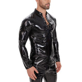Toloer Men's PU Mirror Bright Leather Long Sleeve Casual Coat Black Slim Strap Stand-Up Collar Leather Jacket-Outfit
