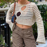 Hollow Out Cropped Knit Sweater Women Fairy Grunge Long Sleeve Top Vintage Loose Distressed Crochet Pullovers Cover-up