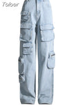 Fashion Women's Cotton Jeans High Waist Loose Long Straight Pocket Wide Leg Blue Denim Pants Spring 2023 Trend New