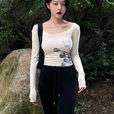 Korean Fashion Mesh Tops Grunge Flower Print T-shirt Women Sexy Slim Crop Top Gothic Streetwear Vintage Tshirts
