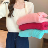Women Pullovers Elegant Ladies Spliced Designed Solid Color Tender Square Collar Sweaters Retro Puff Sleeve Knitwear Cropped