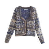 Winter Single-Breasted Long-Sleeve Sweater French Vintage Square Collar Jacquard Knitted Cardigan Jacket Women