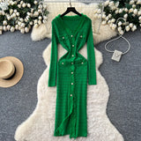 Small Fragrant Style High-Level Sense V-Neck Metal Buckle Waist Knitted Dress Women Autumn Body Fork Long