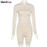 Puss Zipper Women Tracksuit Long Sleeve Fitness 2 Piece Outfit Bodysuits+Biker Shorts Elastic Matching Skinny