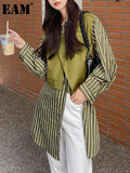 Women Green Striped Big Size Long Blouse New Lapel Long Sleeve Loose Fit Shirt Fashion Tide Spring Autumn 2023