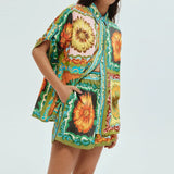 2025 New Women's Clothing Set Fashion Print Collar Short Sleeve Shirt Shorts Casual