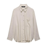 Spring New Women's Pocket Flax Simple Long Sleeve Clip Shirt