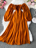Autumn Women Slash Neck Long Sleeve Midi Dress Female Yellow/Red/Pink High Waist Ruffle Big Swing Chiffon Robe Fashion 2022