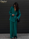 Fashion Long Sleeve Blazer Two Piece Sets Women Outifits Casual Loose Office Pants Set Elegant Green Satin Trouser