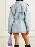 Toloer 2024 New Fashion Multi-Pocket Design Sense Waist Show Thin Long Work Style Denim Coat Female-Outfit