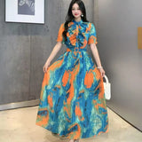 Design Wood-Like Ear-Side Bubble-Sleeved Dress Women's Waist Thin Temperament Print 100-Fold French Holiday
