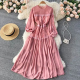 Yellow/Purple/Green Lace Patchwork Long Dress Women Spring Autumn Elegant Round Neck Puff Sleeve High Waist A-Line Party