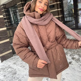 CP Casual Loose Arygle Hooded Parkas Women Fashion Solid Thick Short Coats Women Elegant Tie Belt Cotton Jackets Female