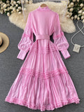 Fashion Women's Dress New Round Neck Lace Loose Single Breatsed Long Sleeve Belt Waist Mid-calf Dresses Summer2023