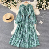 Autumn Women Blue/Red/Black Printed Party Dress Bohemian Puff Long Sleeve High Waist Ruffle Collar Midi Robe Female Vestidos
