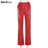 Puss Faux PU Y2K High Waist Pants Women Chic Hollow Out Bandage Sexy Summer Trend Leather Club Trousers Slim