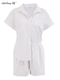 White Cotton Linen Women Outfit Pocket 2 Piece Shorts Set Short Sleeve Top And Shorts Summer Suit Casual Frill