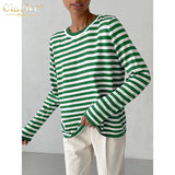 Fashion Blue Stripe Tee Women T-Shirts Winter O-Neck Long Sleeve T Shirt Elegant Loose Knit Sweater Female Clothing