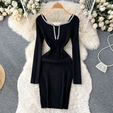 Retro Bodycon Knitted Dress Temperamant Long Sleeve Slim Sweater Dress Square Collar Women Winter Short Knit
