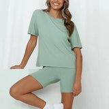 New Solid 2 Piece Set Women Summer Batwing Sleeve Casual Sports T Shirt+Bodycon Biker Shorts Set Tracksuit Sportswear