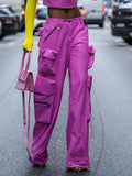 Toloer 2024 New Street Trend Multi-Pocket Pu Design Sense High Waist Slim Straight Pants Women's Loose Cargo Pants-Outfit
