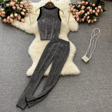 Summer Shiny Diamonds Decor Women Two Piece Set Black Stand Collar Sleeveless Short Tops + High Waist Pencil Pants Suit