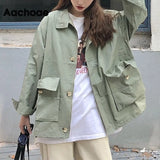 Korean Style Loose Cargo Jacket Women Streetwear Batwing Long Sleeve Pockets Coat Vintage Autumn Winter Casual
